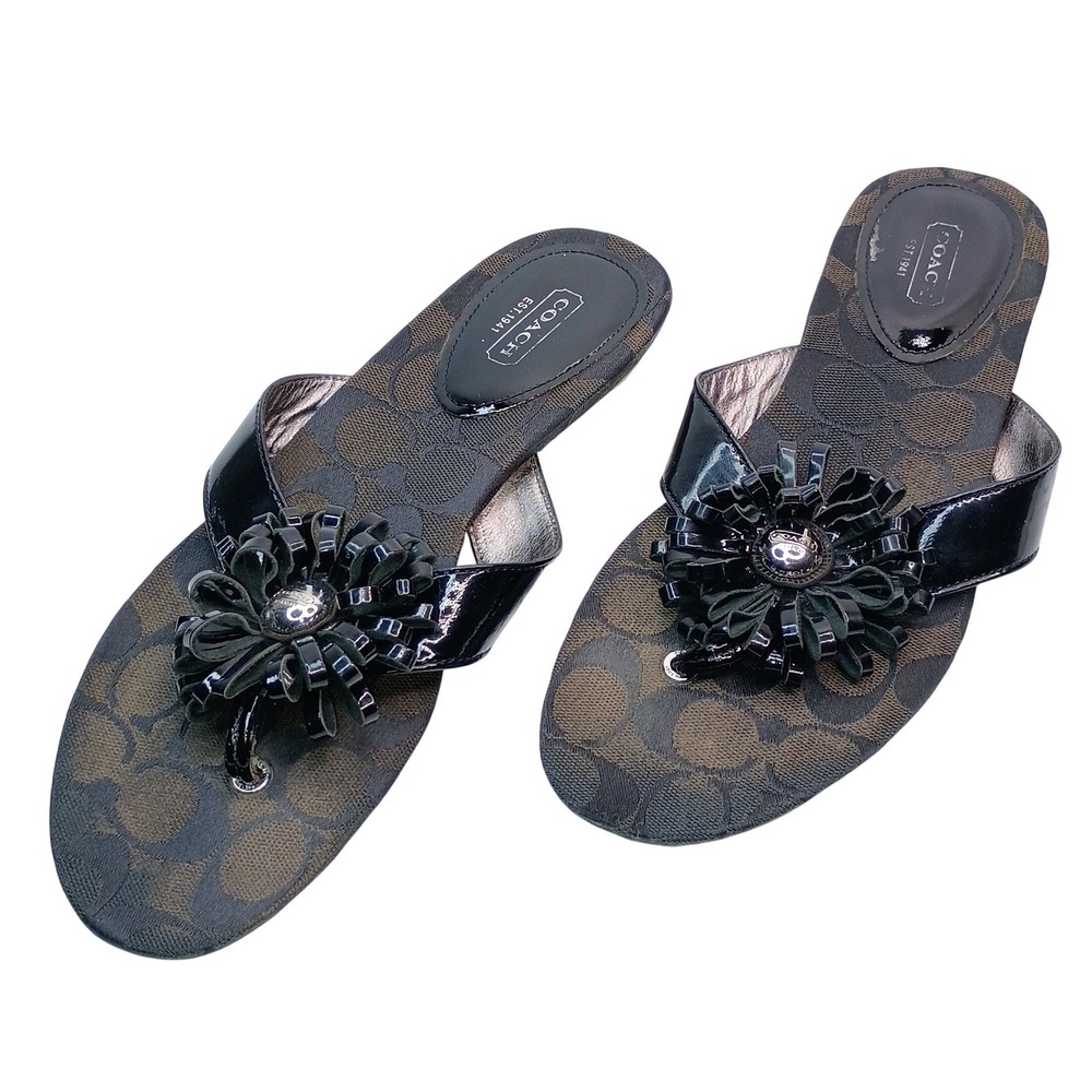 Coach‎ Skye Sandals Women Size 8.5 Brown Black Signature Logo Flower Thong Slide